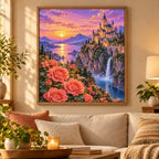 Castle and rose waterfall diamond painting displayed in a framed home setting