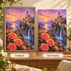 Framed and no-frame options for the castle rose waterfall diamond painting