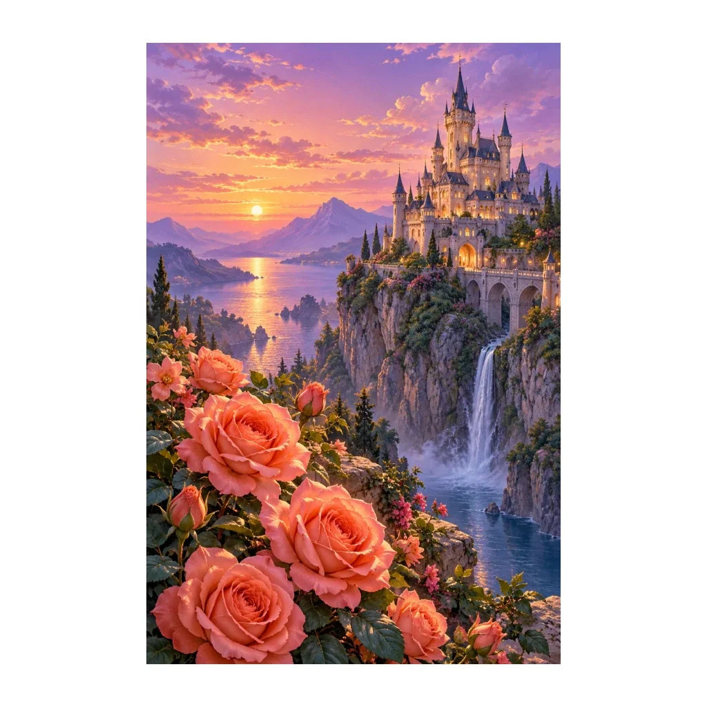 Original illustration of a rose-covered cliff and fairytale castle beside a waterfall at sunset, on a white background