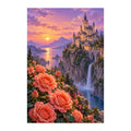 Original illustration of a rose-covered cliff and fairytale castle beside a waterfall at sunset, on a white background