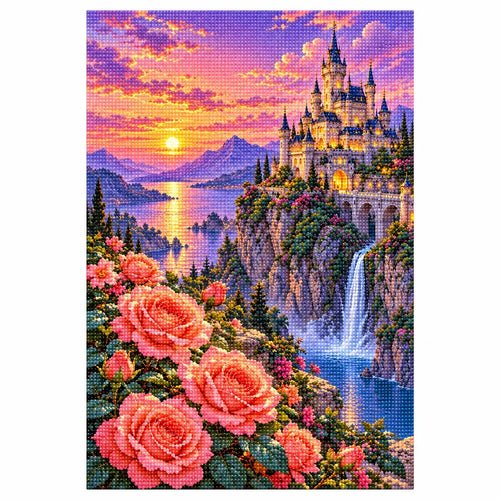 Finished diamond painting of a cliffside castle, pink roses, and waterfall beneath a glowing sunset