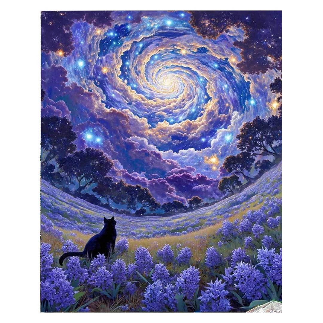 White-background original artwork of a black cat beneath a spiral galaxy over a lavender field
