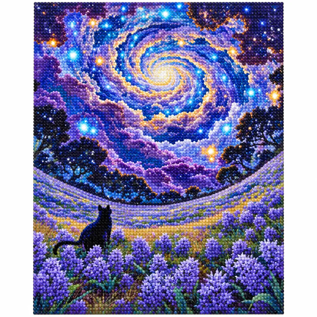 White-background finished diamond painting of a black cat beneath a glowing galaxy