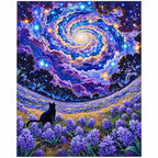 White-background finished diamond painting of a black cat beneath a glowing galaxy