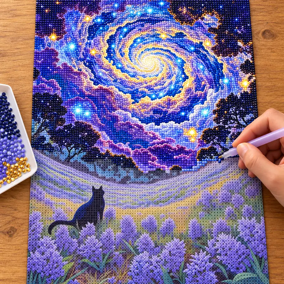 Diamond painting process showing a cat beneath a spiral galaxy being completed with a stylus