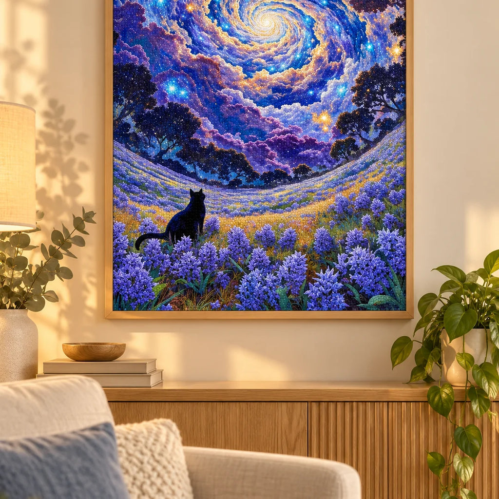 Framed cat beneath a spiral galaxy diamond painting displayed as home decor