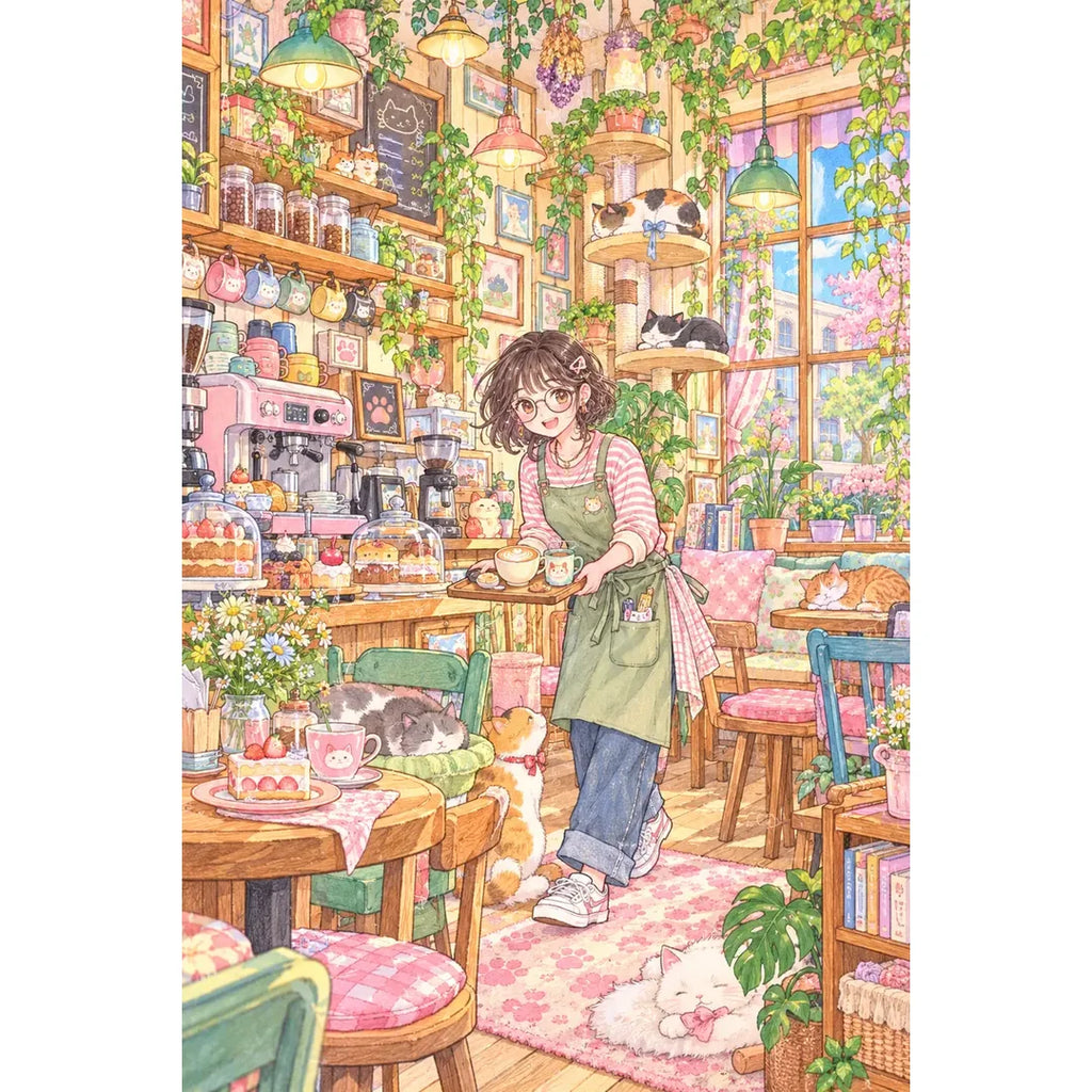 Original white-background artwork of a barista with cats inside a colorful cat cafe