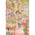 Original white-background artwork of a barista with cats inside a colorful cat cafe