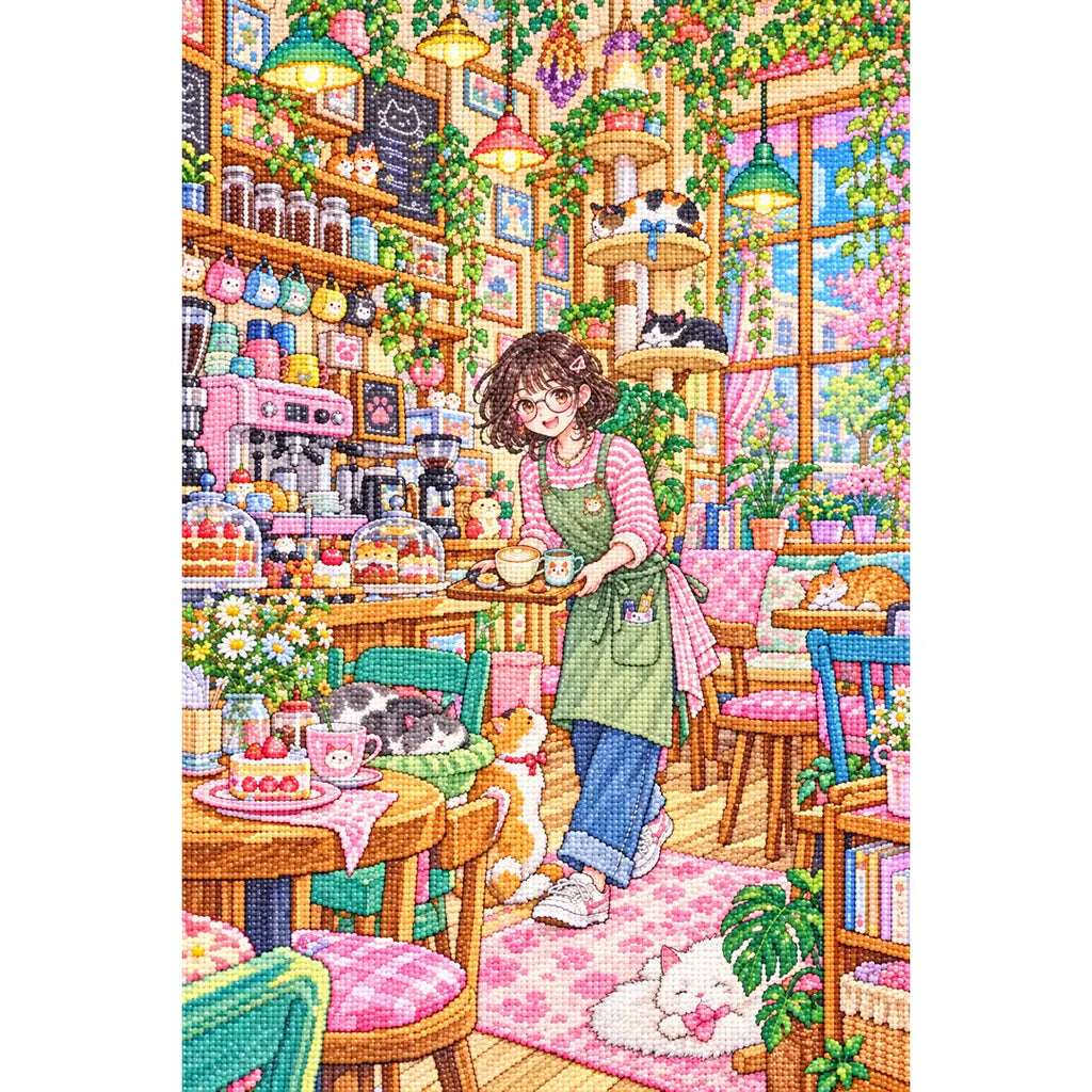 White-background diamond-painted canvas showing a barista with cats inside a colorful cat cafe