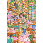 White-background diamond-painted canvas showing a barista with cats inside a colorful cat cafe