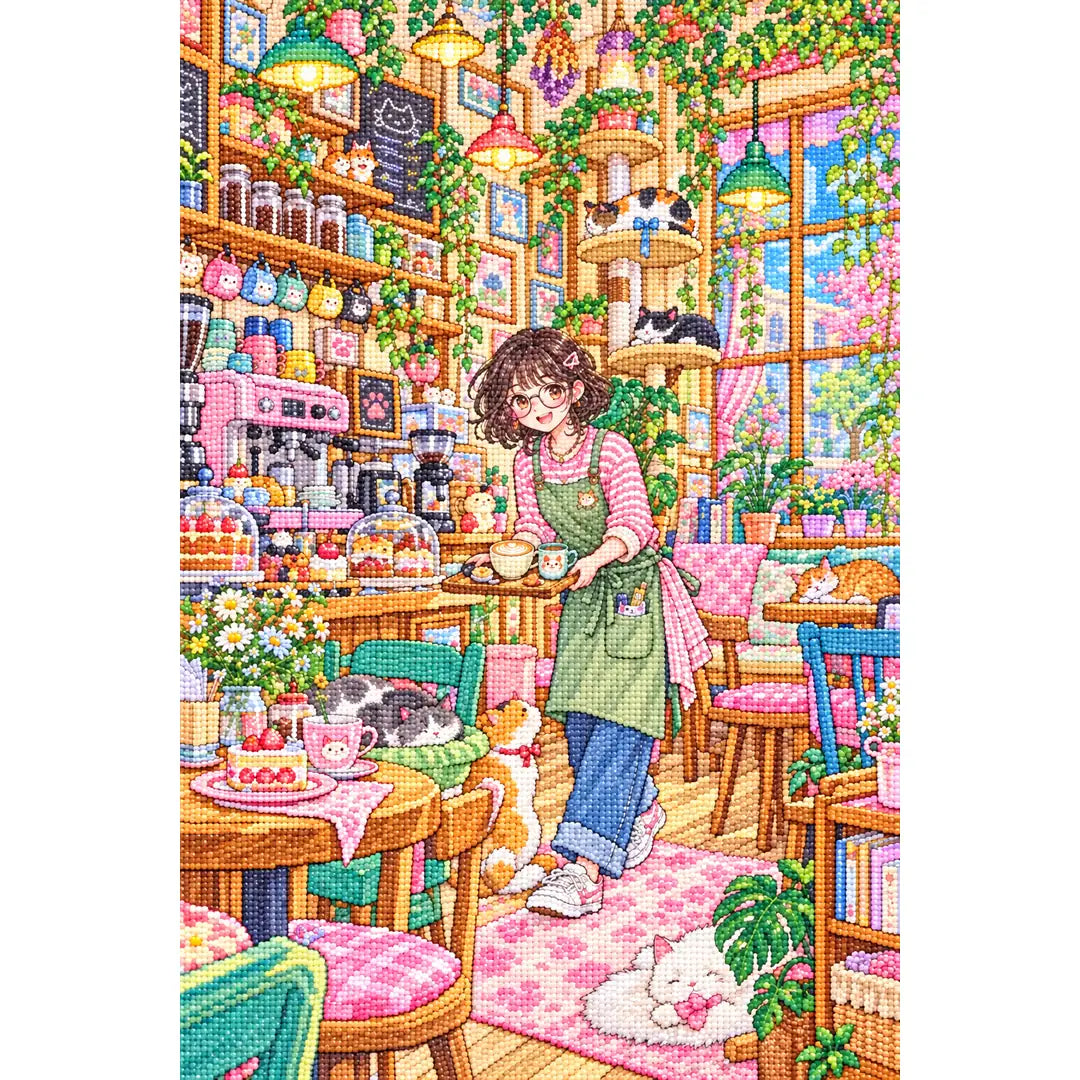White-background diamond-painted canvas showing a barista with cats inside a colorful cat cafe