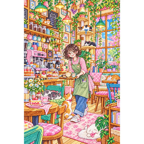 White-background diamond-painted canvas showing a barista with cats inside a colorful cat cafe