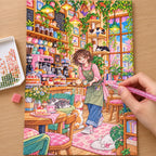 Hands placing diamond drills on the cat cafe barista canvas