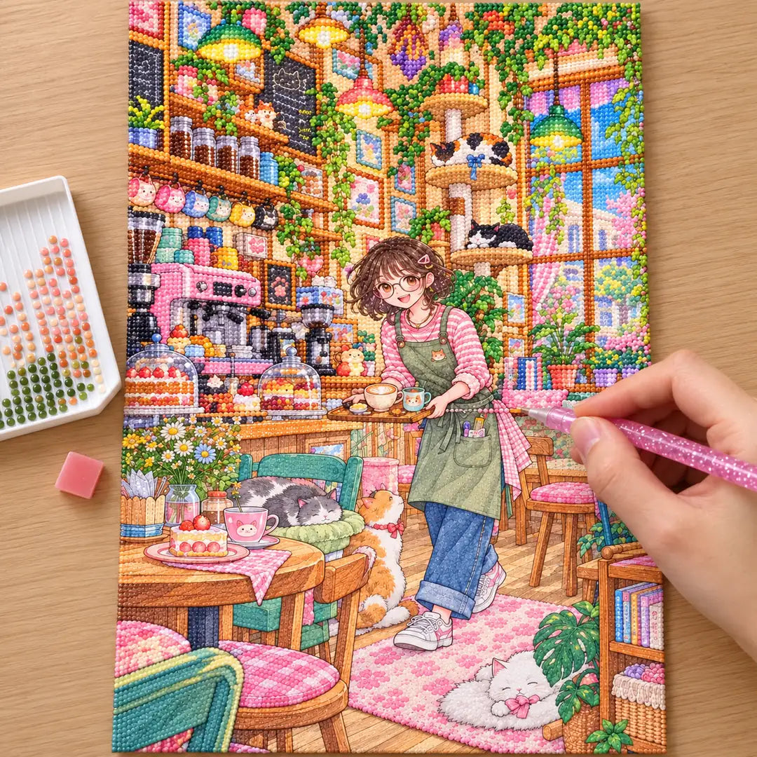 Hands placing diamond drills on the cat cafe barista canvas