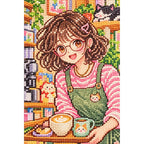 Close-up of faceted drills forming a barista with cats inside a colorful cat cafe
