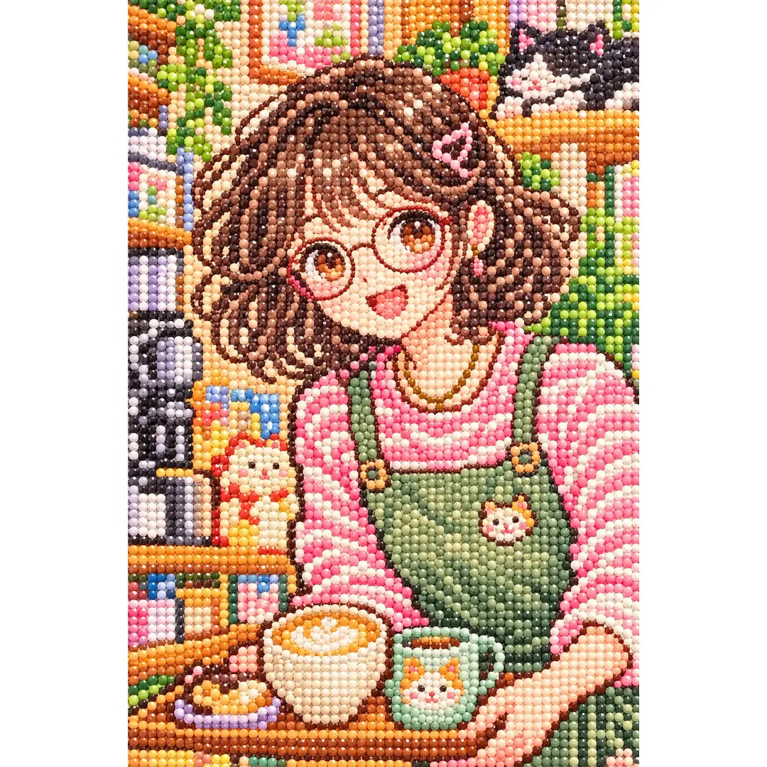 Close-up of faceted drills forming a barista with cats inside a colorful cat cafe