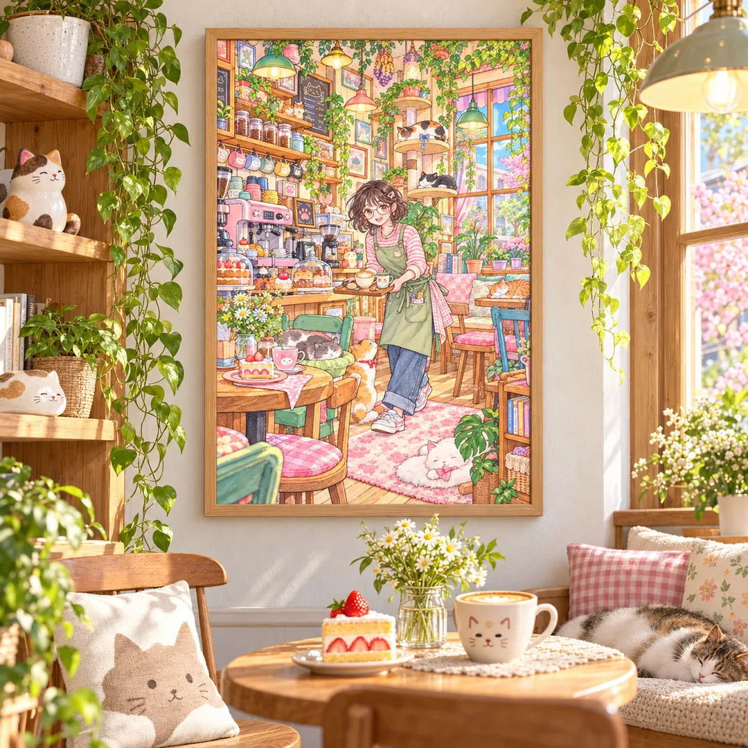 Framed diamond painting of a barista with cats inside a colorful cat cafe displayed in a home interior