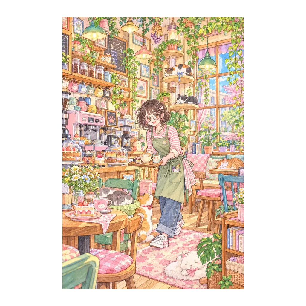 Original white-background artwork of a barista with cats inside a colorful cat cafe