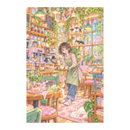 Original white-background artwork of a barista with cats inside a colorful cat cafe