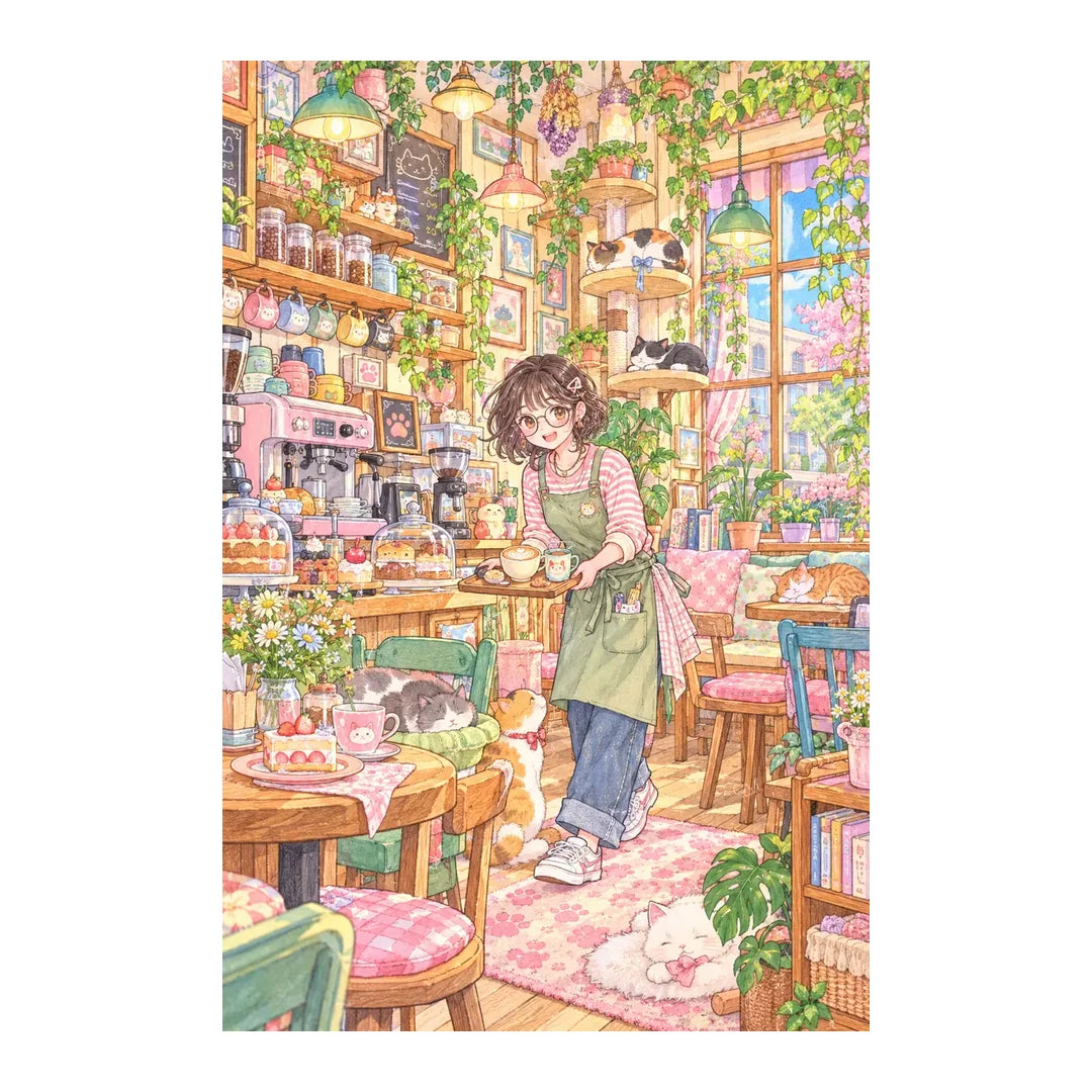 Original white-background artwork of a barista with cats inside a colorful cat cafe