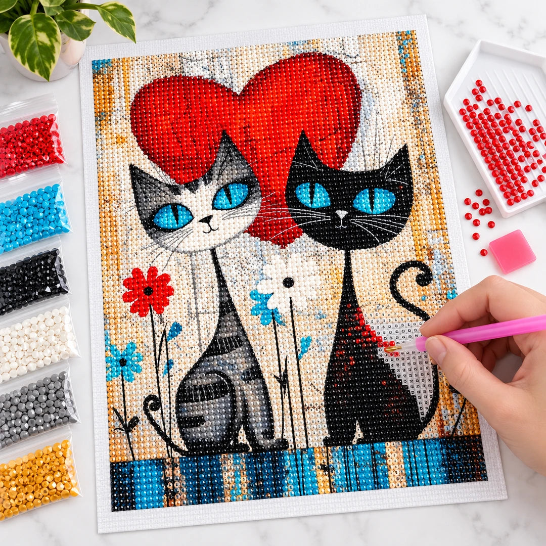 Cat Couple Hearts Diamond Painting Kit finished white-background