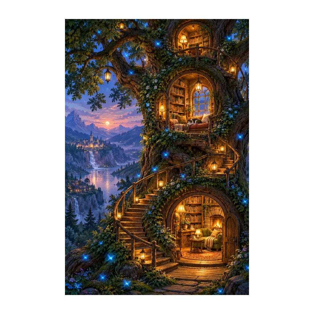 White-background original artwork of a cat resting inside a lantern-lit treehouse library