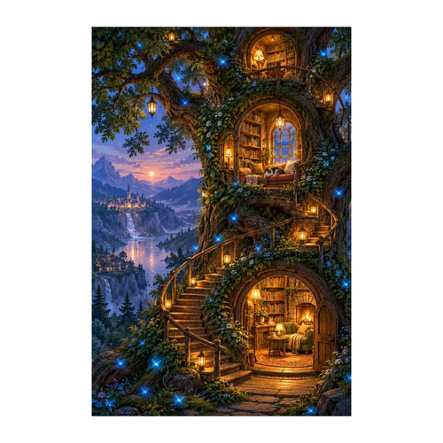 White-background original artwork of a cat resting inside a lantern-lit treehouse library