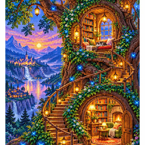 White-background finished diamond painting of a cat in a treehouse library