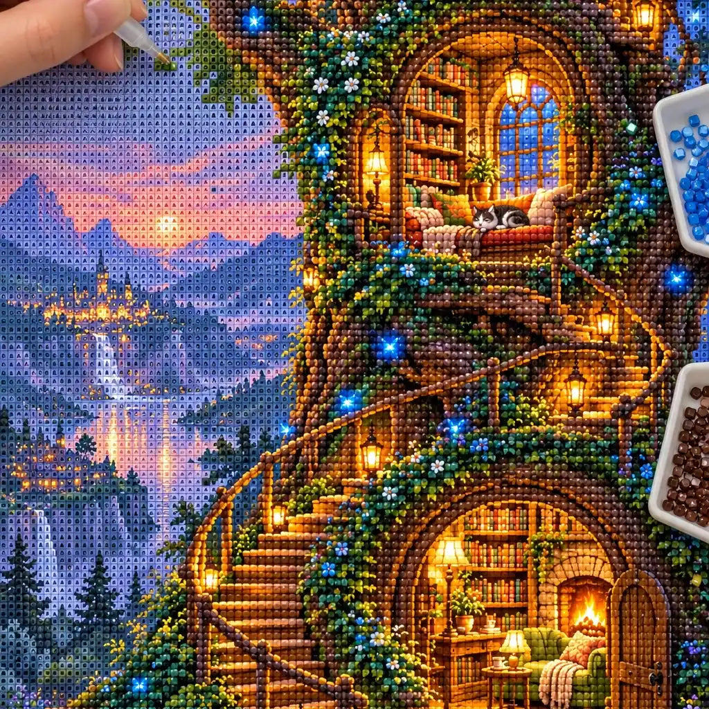 Hands placing drills on the treehouse library cat diamond painting