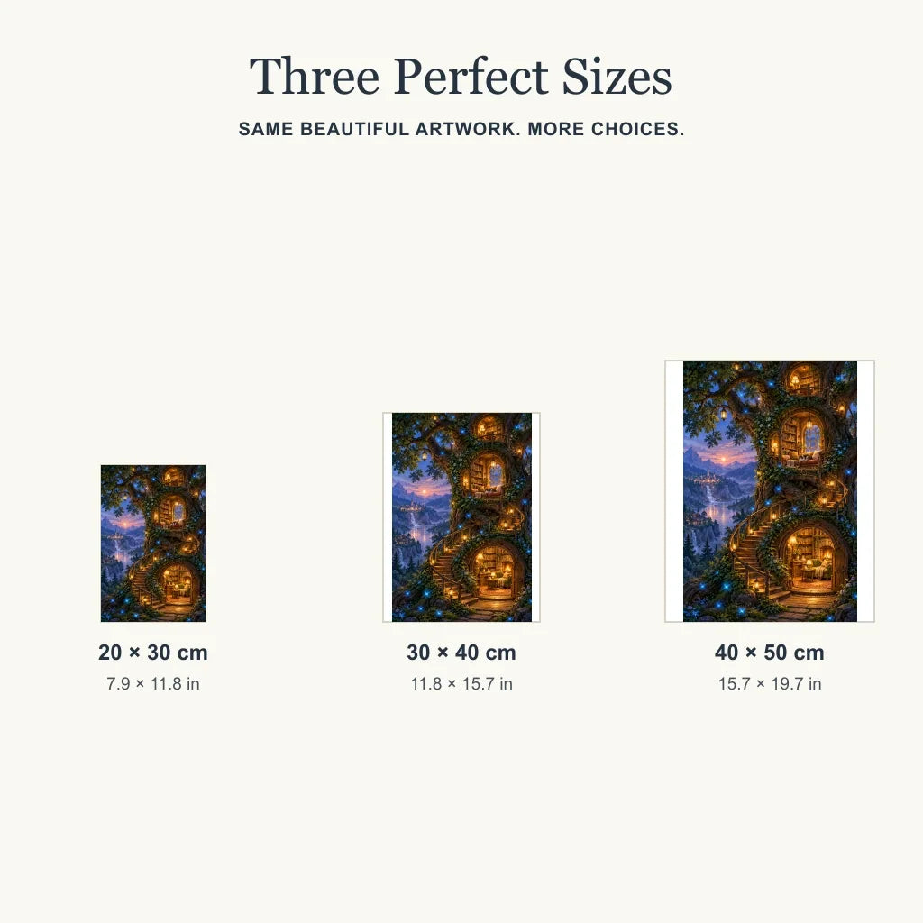 Cat treehouse library diamond painting in 20 by 30, 30 by 40, and 40 by 50 cm sizes