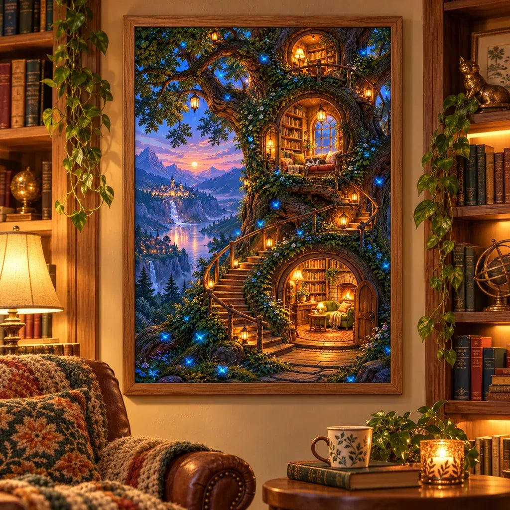 Cat treehouse library diamond painting displayed in a reading nook