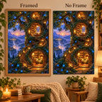 Framed and no-frame options for the cat treehouse library diamond painting