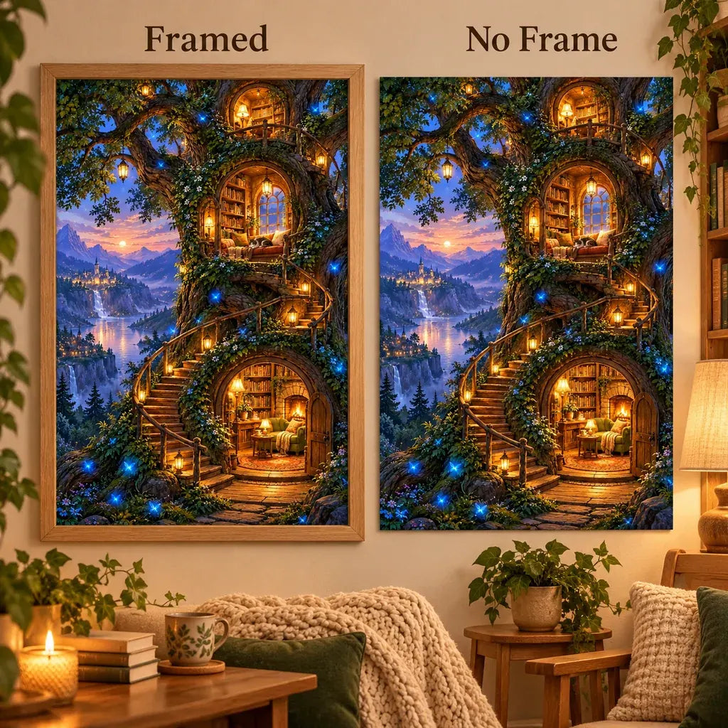 Framed and no-frame options for the cat treehouse library diamond painting