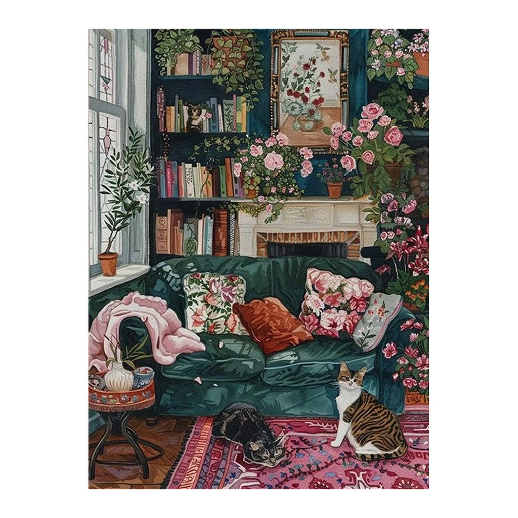 White-background original artwork of two cats in a cozy floral living room by a fireplace