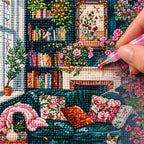 Diamond painting process showing two cats by a floral fireplace being completed with a stylus