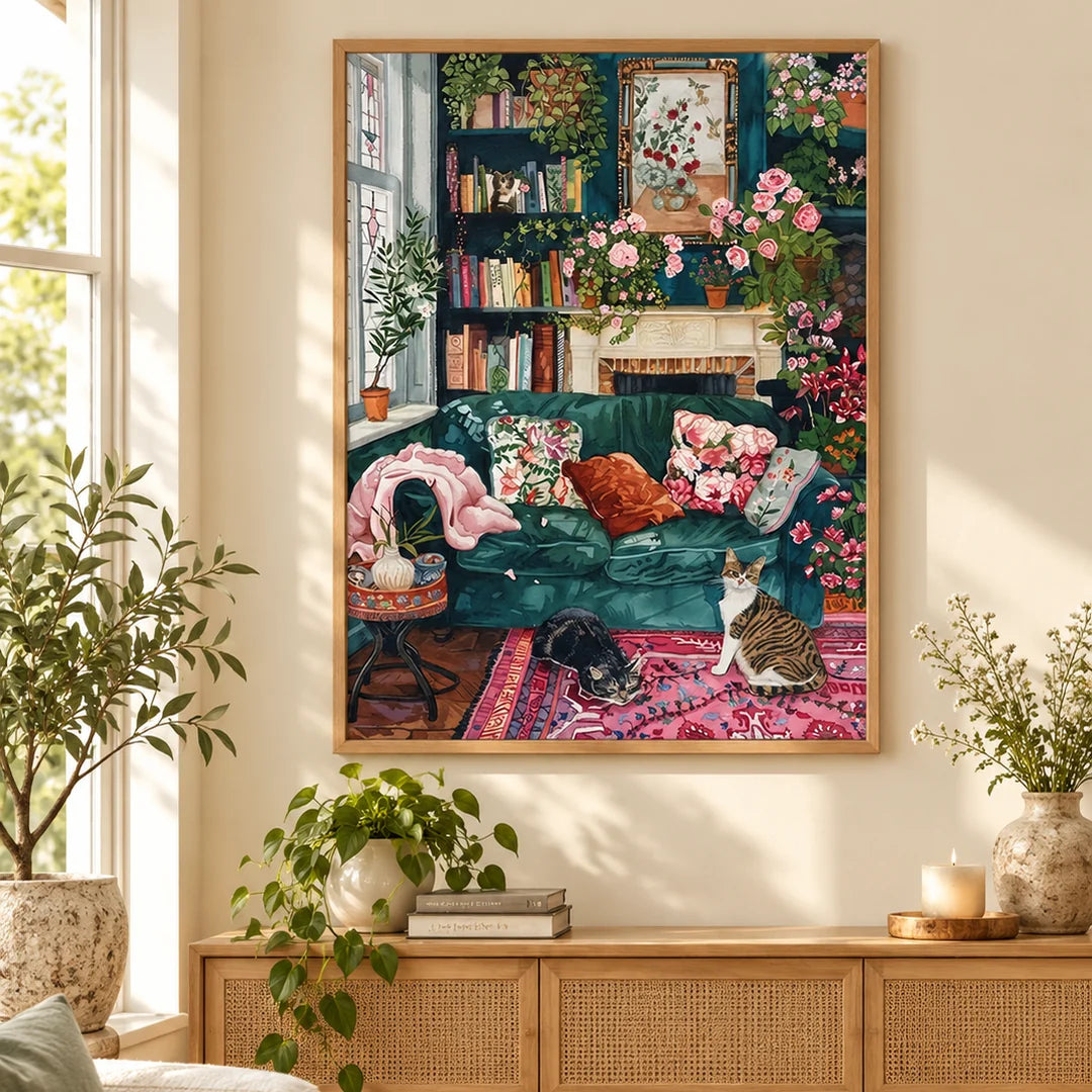 Two cats by a cozy floral fireplace diamond painting displayed as home decor