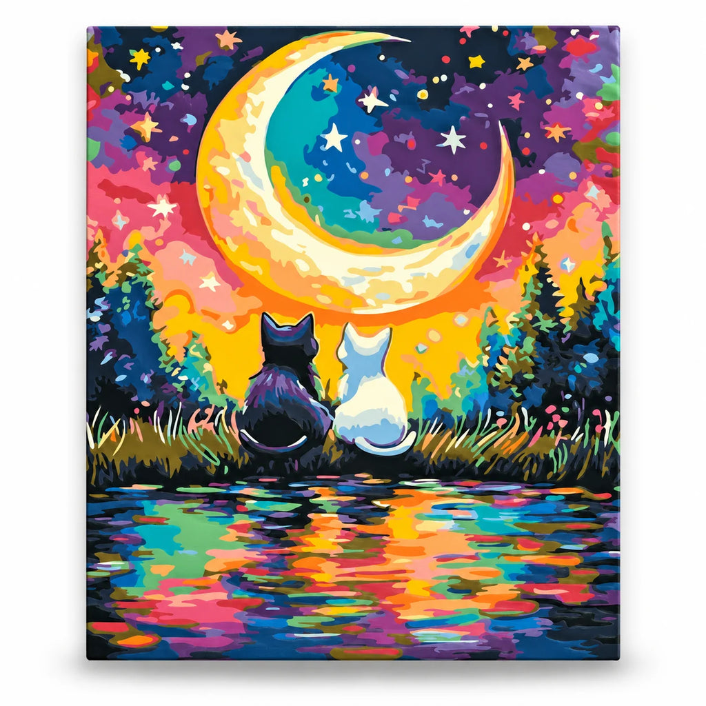 Cats beneath Colorful Crescent Moon paint by numbers artwork on a front-facing canvas against a white background
