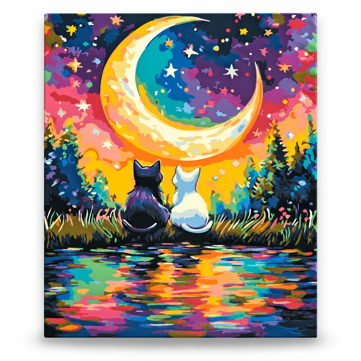 Cats beneath Colorful Crescent Moon paint by numbers artwork on a front-facing canvas against a white background
