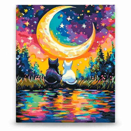 Cats beneath Colorful Crescent Moon paint by numbers artwork on a front-facing canvas against a white background