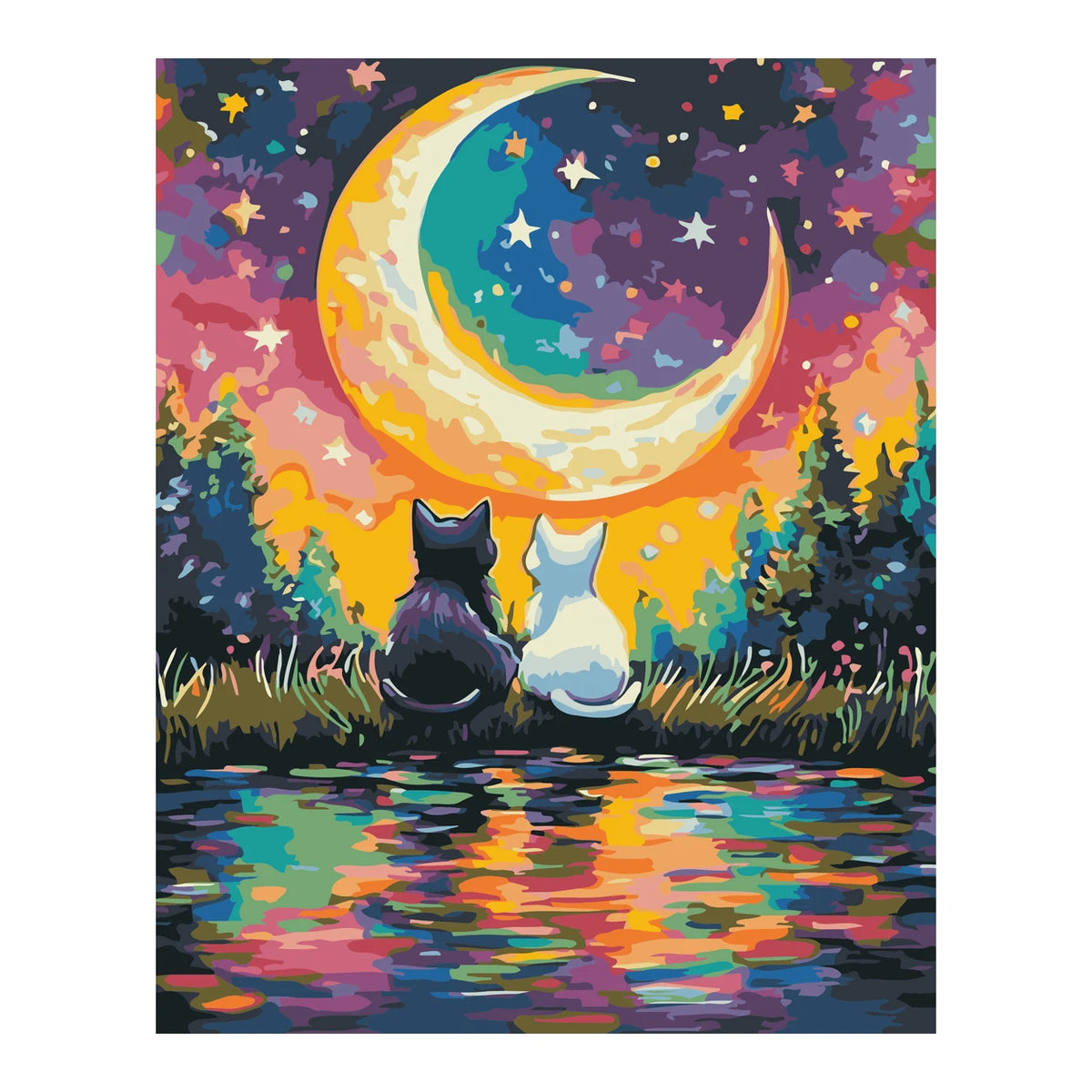 Cats beneath Colorful Crescent Moon completed artwork on a clean white background