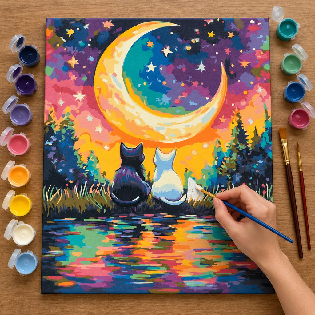Complete Cats beneath Colorful Crescent Moon numbered canvas being painted with acrylic paints and brushes