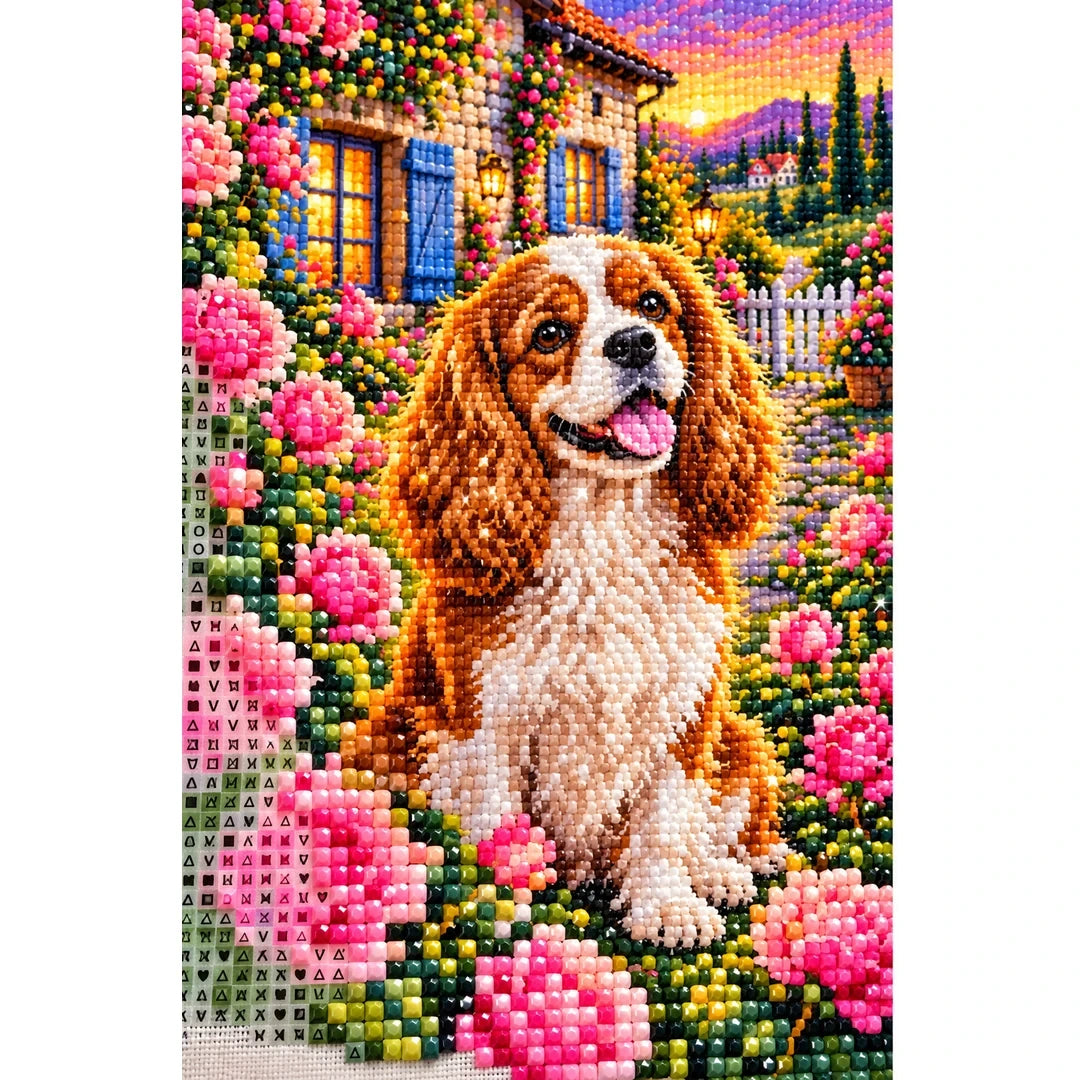 Cavalier Spaniel Rose Garden Diamond Painting Kit — canvas and drill material detail