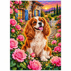 Cavalier Spaniel Rose Garden Diamond Painting Kit — finished diamond painting on white background