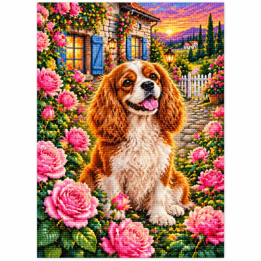Cavalier Spaniel Rose Garden Diamond Painting Kit — finished diamond painting on white background