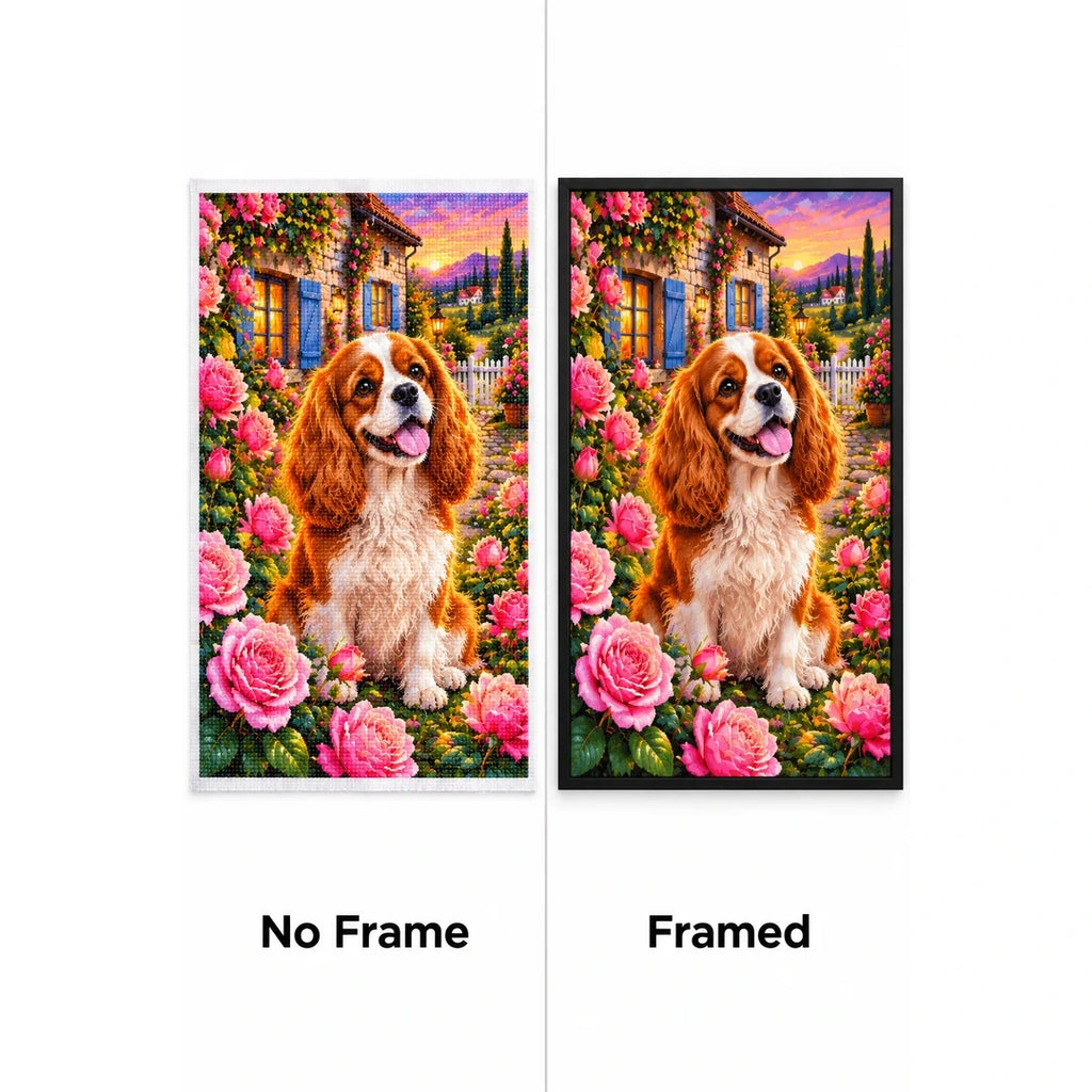 Cavalier Spaniel Rose Garden Diamond Painting Kit — No Frame and Framed style comparison