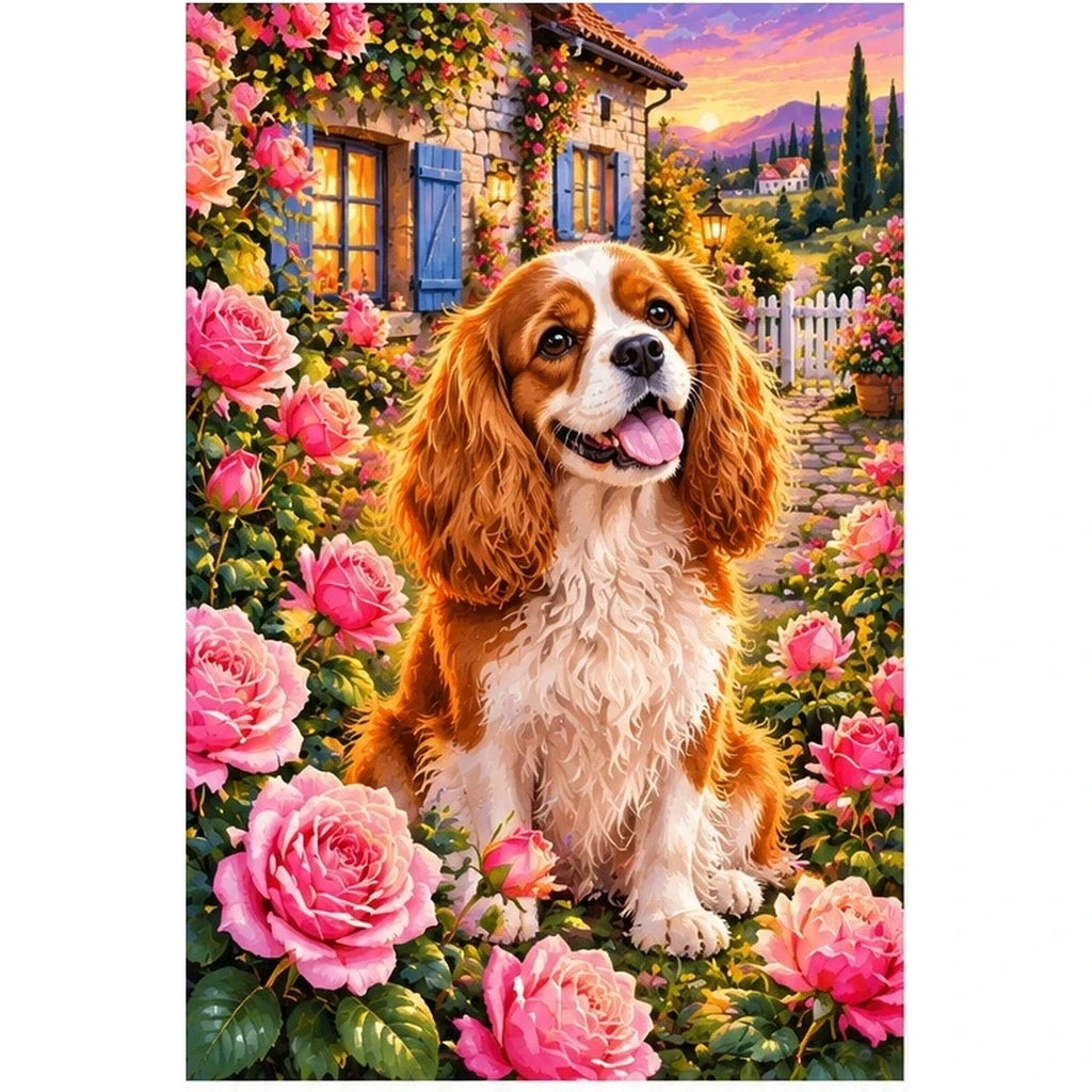 Cavalier Spaniel Rose Garden Diamond Painting Kit — original white-background artwork