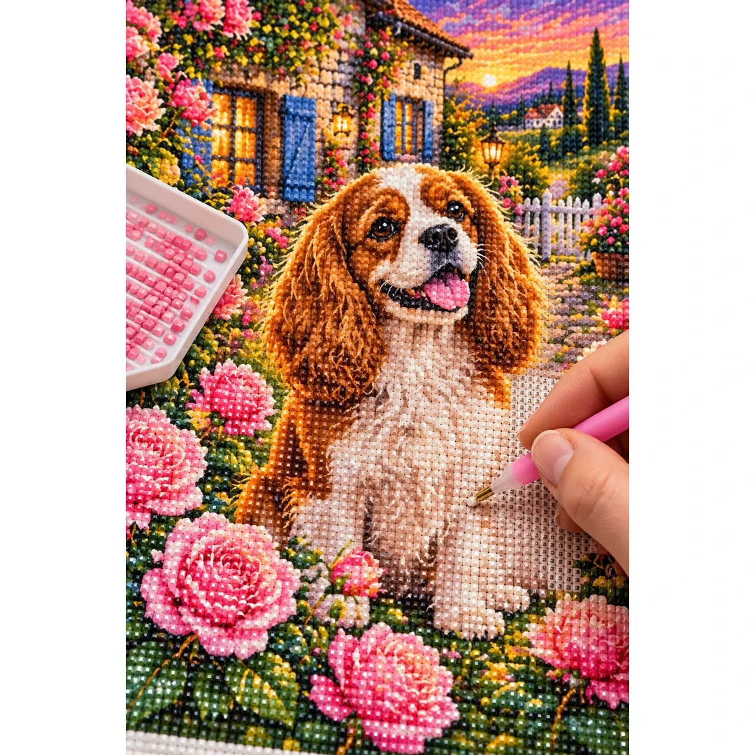 Cavalier Spaniel Rose Garden Diamond Painting Kit — diamond painting application process