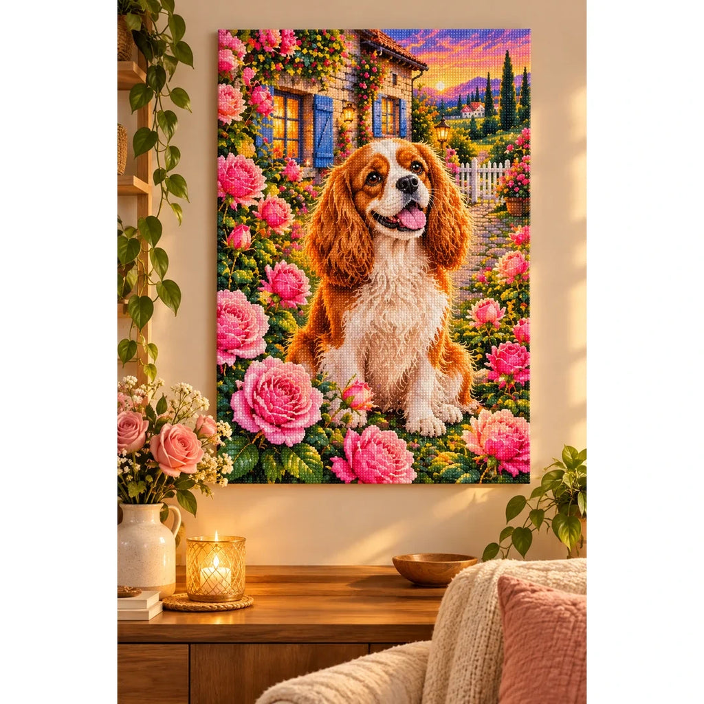 Cavalier Spaniel Rose Garden Diamond Painting Kit — finished diamond painting in a home setting