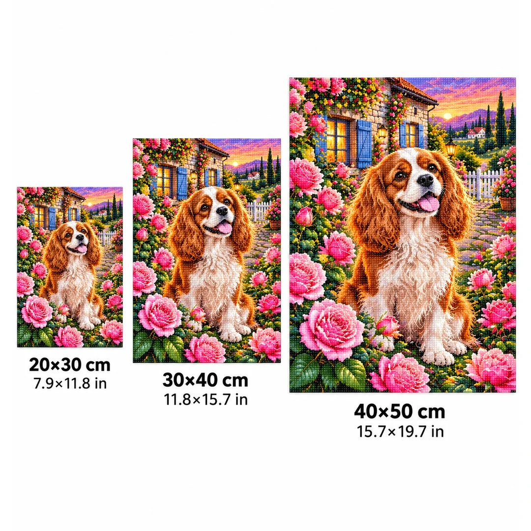 Cavalier Spaniel Rose Garden Diamond Painting Kit — 20 by 30, 30 by 40, and 40 by 50 centimeter size guide