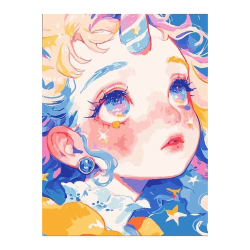 White-background original artwork of a blue-haired girl surrounded by colorful celestial details